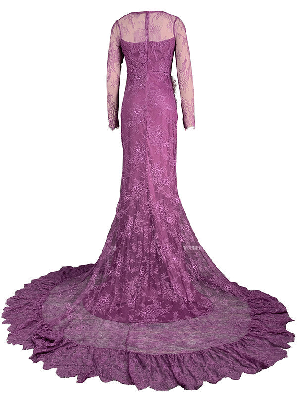 Robe de soirée longue à manches longues et col carré, en maille sirène transparente et fendue sur les côtés 