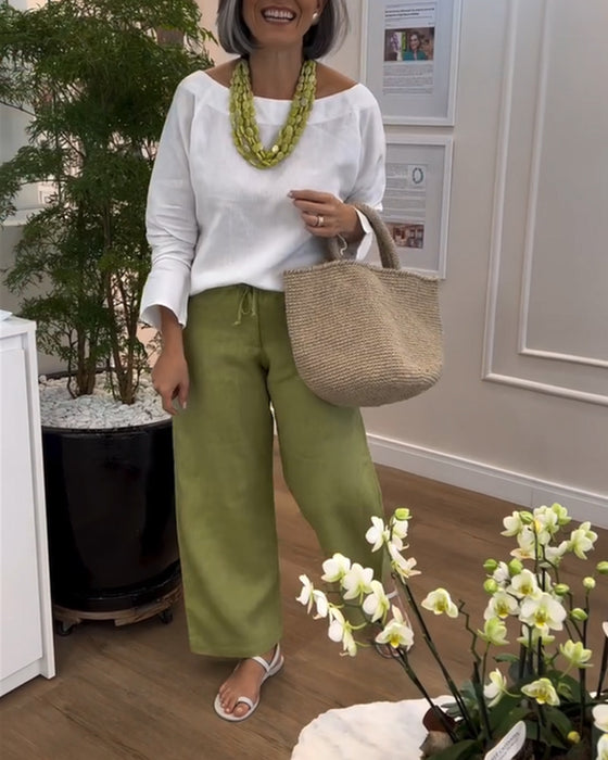 White round neck long sleeve top + Green Loose Casual Pants