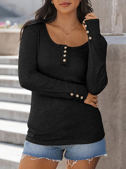 Long Sleeves Buttoned Solid Color Striped Square-Neck Knit Top