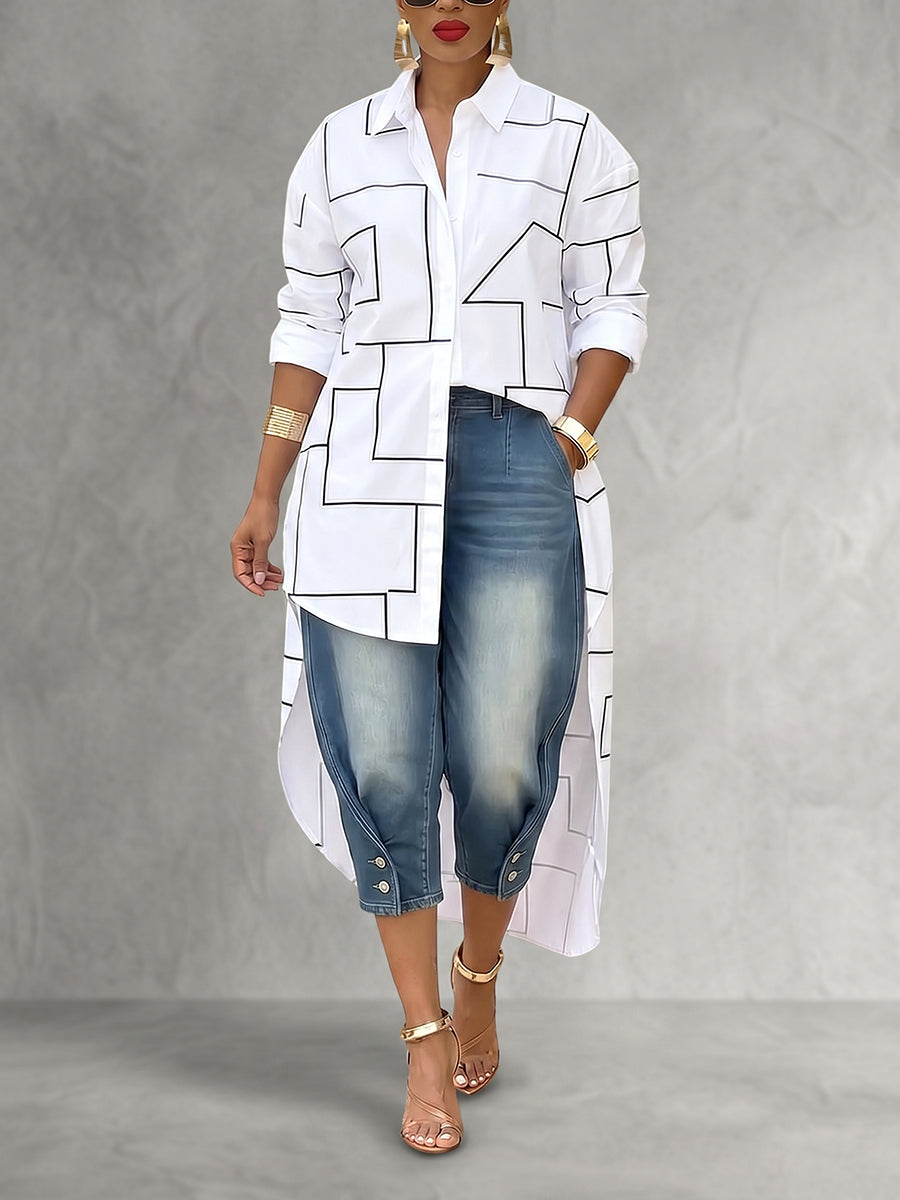 High-Low Long Sleeves Line Printed Solid Color Lapel Blouses&Shirts Tops