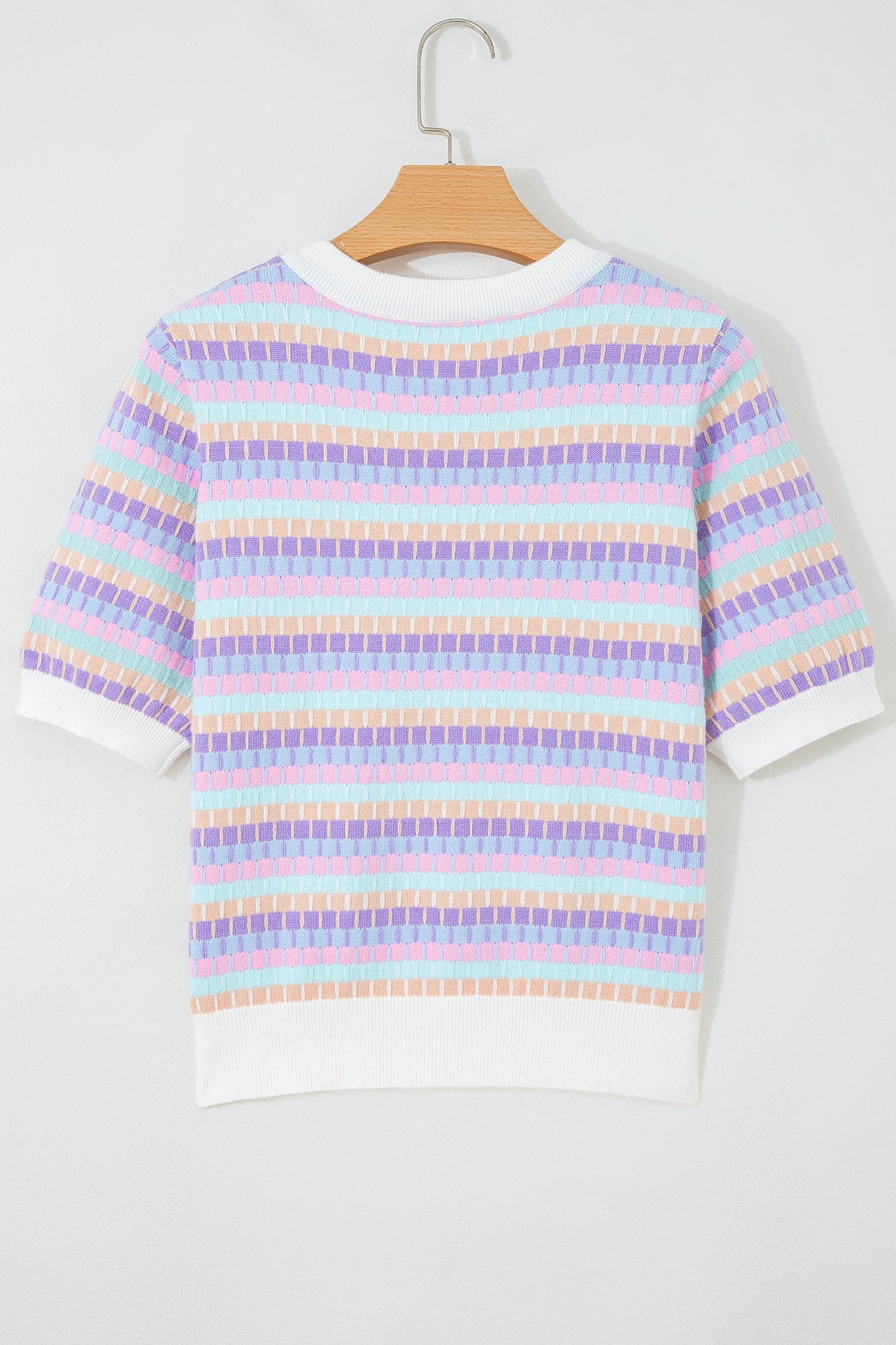 Rose Red Abstract Striped Knit Short Sleeve Sweater