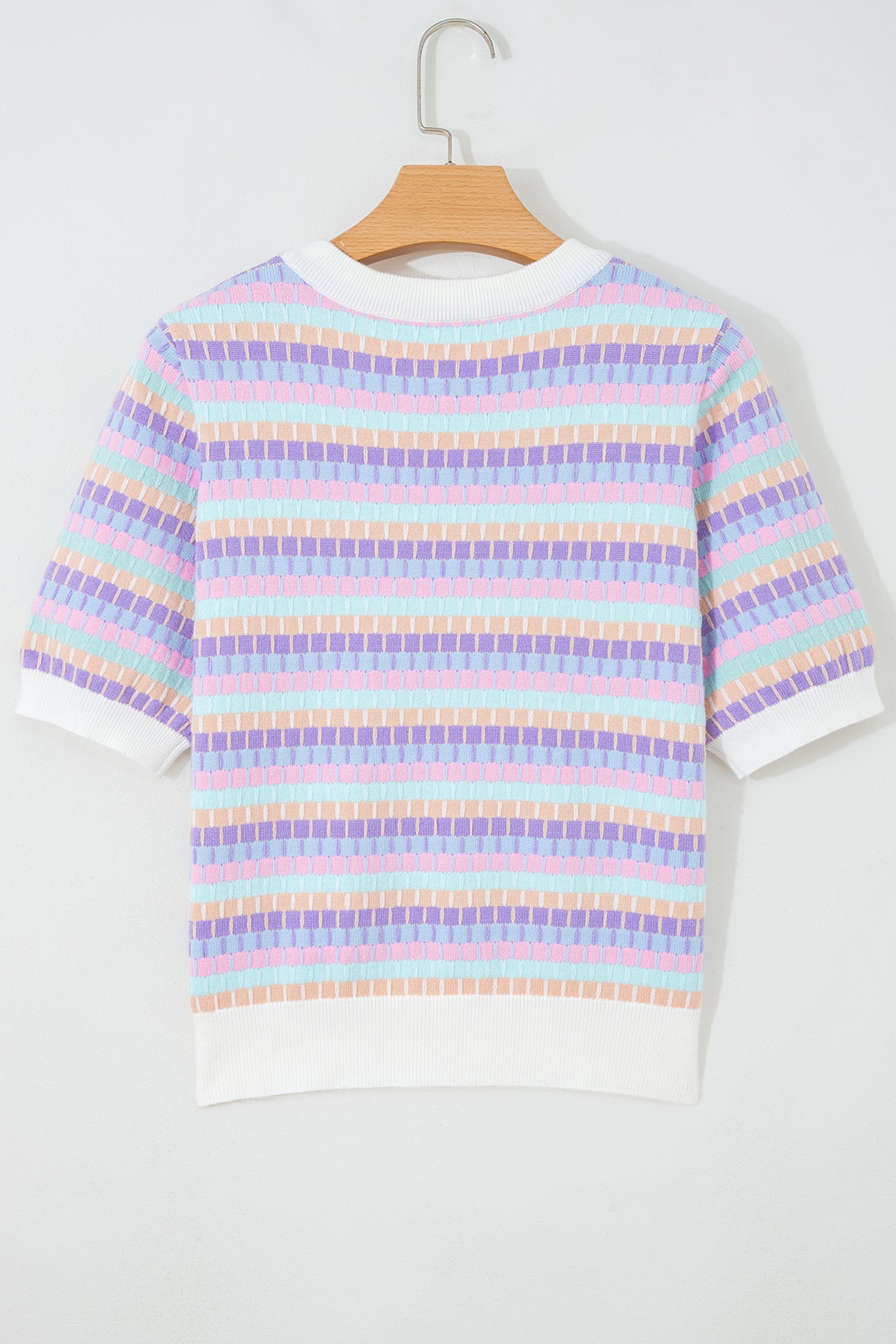 Rose Red Abstract Striped Knit Short Sleeve Sweater