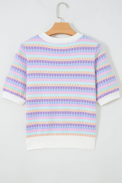 Rose Red Abstract Striped Knit Short Sleeve Sweater
