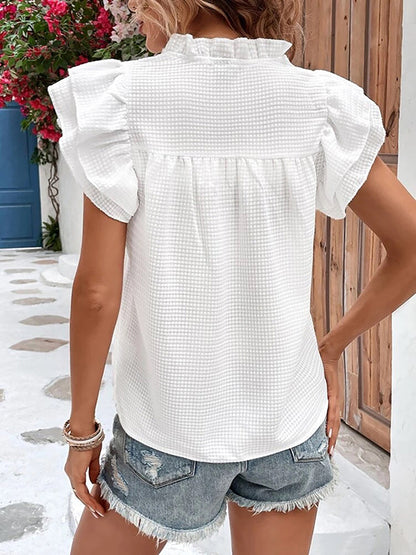 Loose Short Sleeves Ruffle Trim Solid Color Split-Joint V-Neck Blouses&Shirts Tops