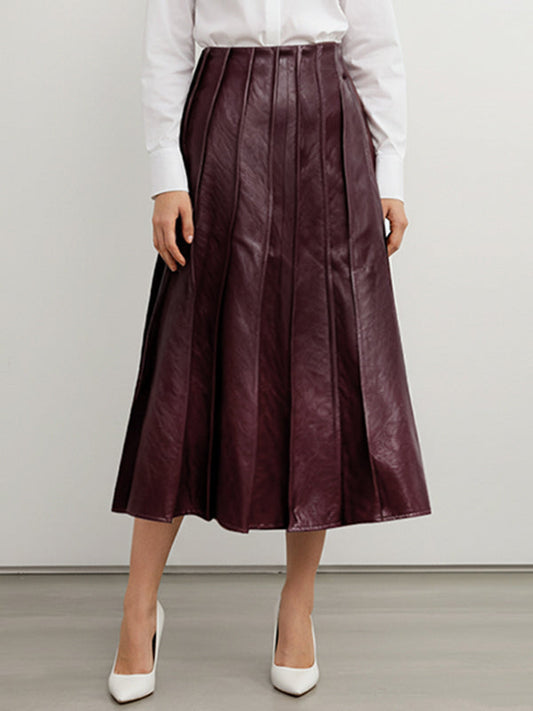 Loose Elastics Pleated Solid Color Zipper Skirts Bottoms