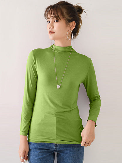 10 Colors Simple Solid Color Long Sleeves High-Neck T-Shirt Top