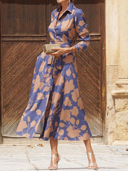 Tied Leaves Print Contrast Color Buttoned Long Sleeves A-line Lapel Shirt Dress Maxi Dresses