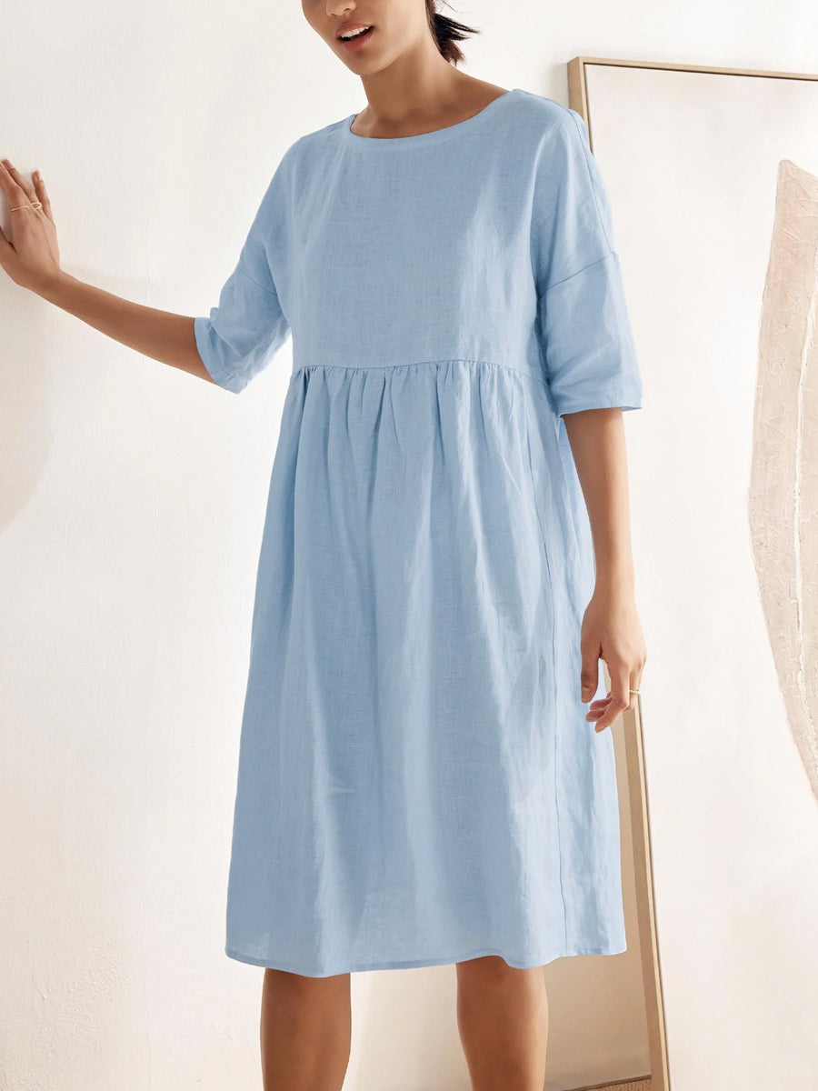 Half Sleeves Loose Pleated Pockets Solid Color Round-Neck Midi Dresses