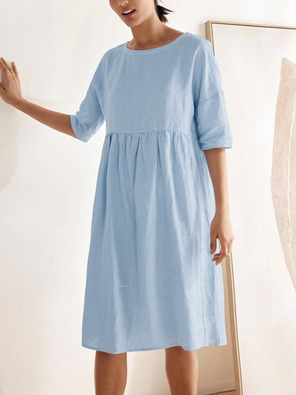 Half Sleeves Loose Pleated Pockets Solid Color Round-Neck Midi Dresses