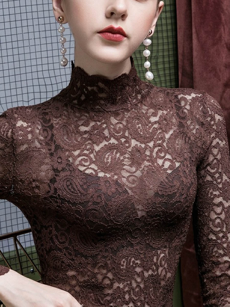 See-Through Jacquard Skinny Plus Size Mock Neck T-Shirts Tops