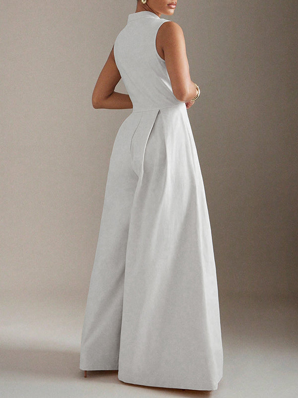 Sleeveless Wide Leg Pleated Solid Color Split-Joint Zipper Round-Neck Jumpsuits