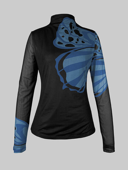 Long Sleeves Skinny Butterfly Print Split-Joint Mock Neck T-Shirts Tops