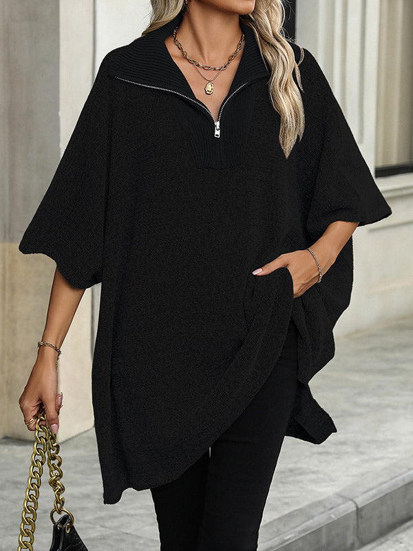 Loose Three-Quarter Sleeves Split-Joint Zipper V-Neck Sweater Tops