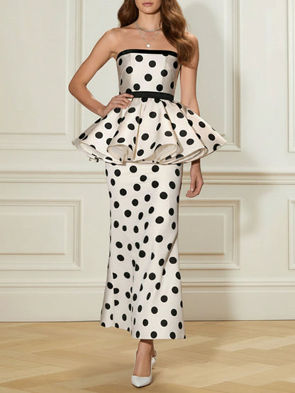 Sleeveless Contrast Color Elasticity Polka-Dot Ruffled Textured Zipper Tube Maxi Dresses
