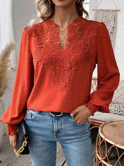 Balloon Sleeves Long Sleeves Embroidered Hollow Solid Color V-Neck Blouses&Shirts Tops