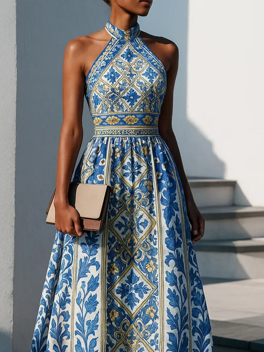 A-Line High Waisted Flower Print Pleated Zipper Halter-Neck Maxi Dresses