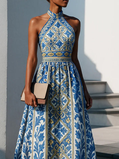 A-Line High Waisted Flower Print Pleated Zipper Halter-Neck Maxi Dresses