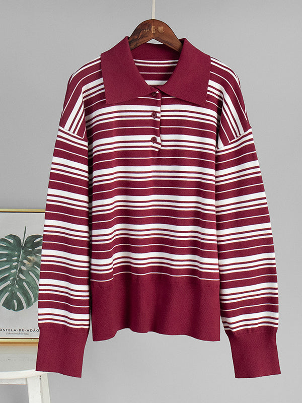Long Sleeves Split-Joint Striped Lapel Sweater Tops
