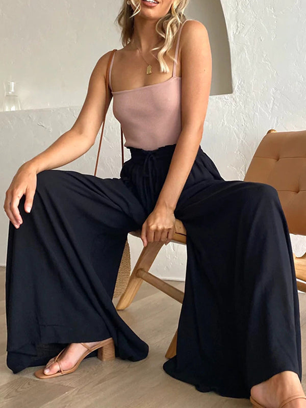 High Waisted Loose Drawstring Elasticity Pleated Pockets Solid Color Pants Trousers