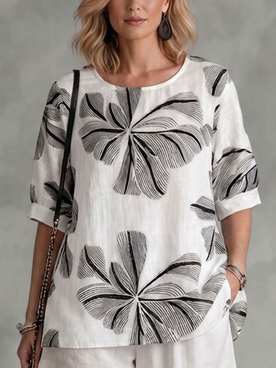 Long Sleeves Loose Contrast Color Embroidered Flower Print Round-neck T-Shirts Tops