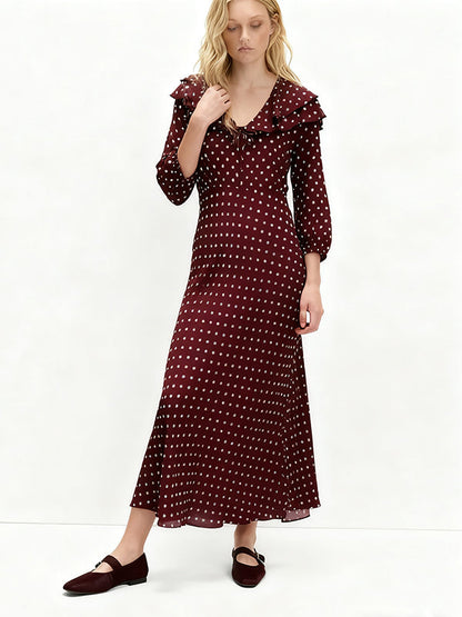 Puff Sleeves Seven-Quarter Sleeves Polka-Dot Ruffled V-Neck Maxi Dresses