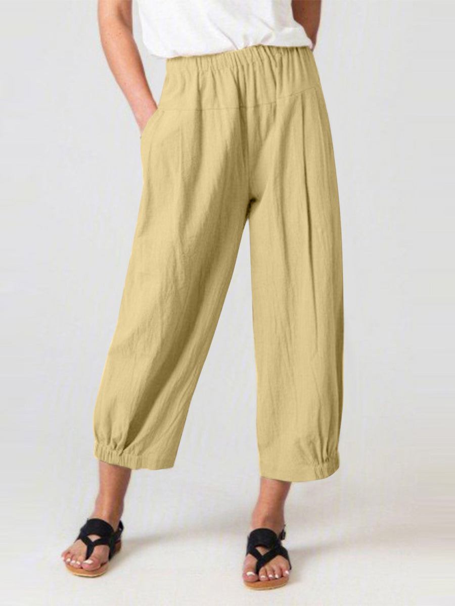 Solid Color Pockets Elasticity High Waisted Trousers Ninth Pants