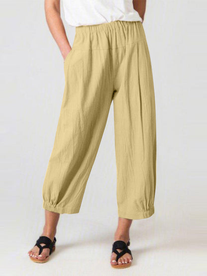 Solid Color Pockets Elasticity High Waisted Trousers Ninth Pants