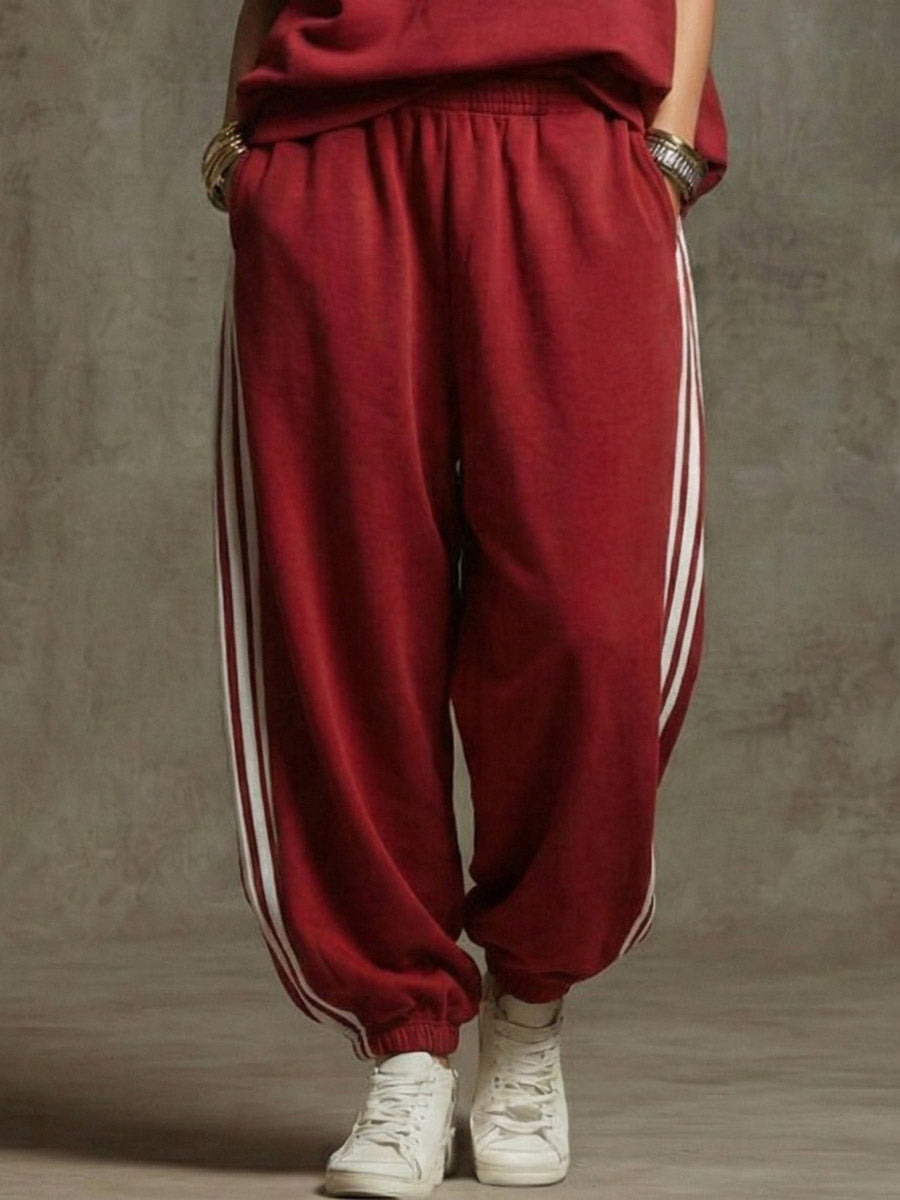 Ankle-Tied Loose Contrast Color Pleated Pockets Split-Joint Striped Pants Trousers
