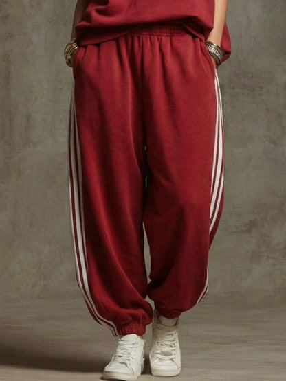 Ankle-Tied Loose Contrast Color Pleated Pockets Split-Joint Striped Pants Trousers