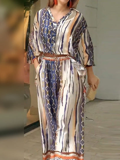 Long Sleeves Loose Printed Lapel Blouses Tops + Drawstring Pockets Pants Bottom Two Pieces Set