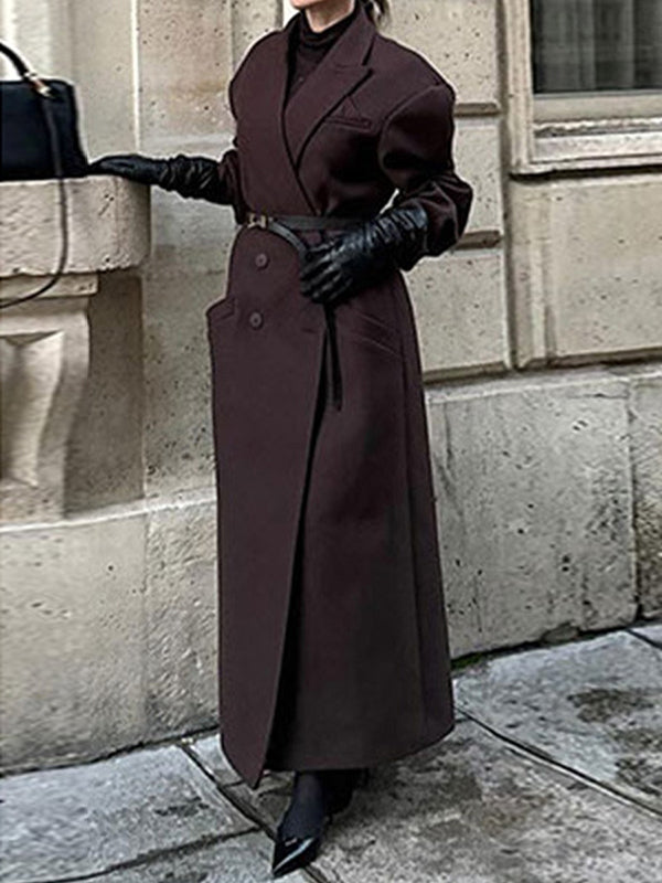 Long Sleeves Buttoned Pockets Solid Color Lapel Overcoat Suit Outerwear