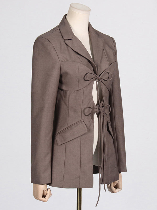 Long Sleeves Loose Pockets Solid Color Tied Notched Collar Blazer Outerwear