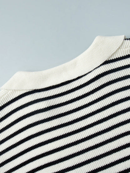 Long Sleeves Loose Split-Joint Striped Lapel Sweater Tops