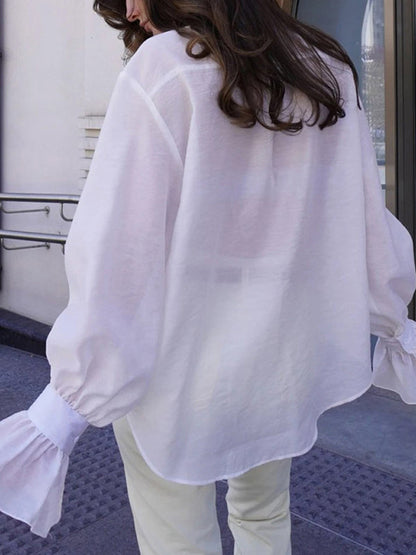 Loose Puff Sleeves Pleated Solid Color Split-Joint Lapel Blouses&Shirts Tops