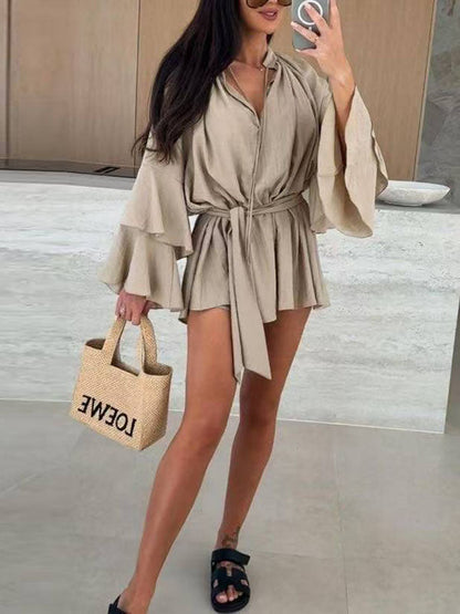 Flared Sleeves Loose Lace-Up Pleated Solid Color Split-Joint Tiered Round-Neck Mini Dresses