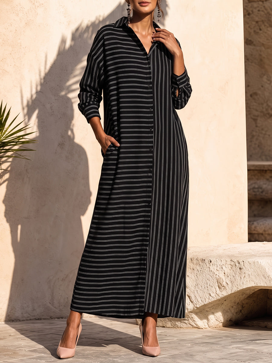 Striped Split-Joint Pockets Three-quarter Sleeves Loose Lapel Shirt Dress Maxi Dresses