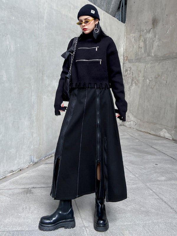 A-Line Irregularity Solid Color Split-Joint Split-Side Zipper Skirts Bottoms