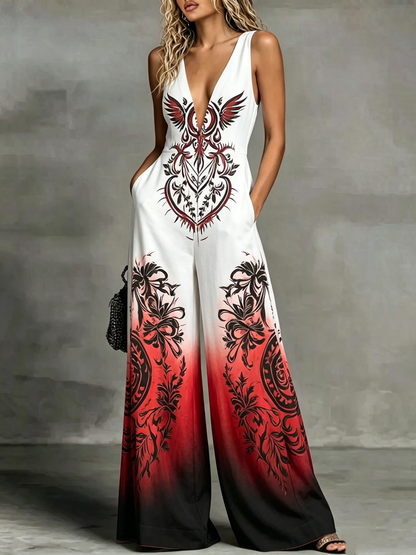 High Waisted Loose Pockets Printed V-Neck Jumpsuits