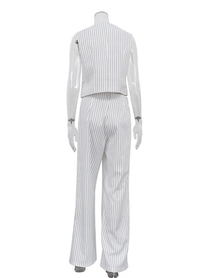 Loose Sleeveless Buttoned Striped V-Neck Vest Top + Pockets Pants Bottom Two Pieces Set