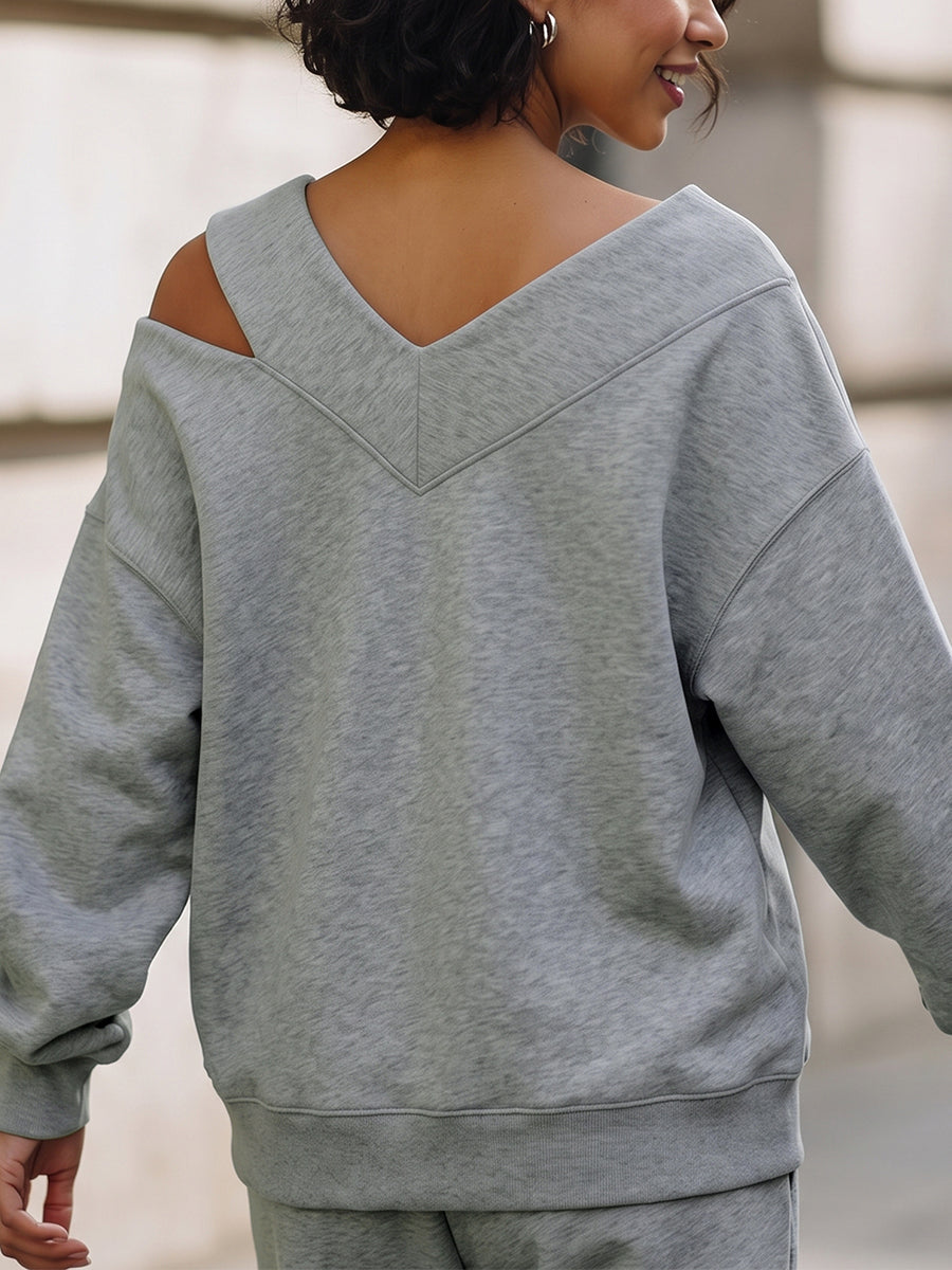 Split-Joint Solid Color Hollow Asymmetric Loose Long Sleeves Cold shoulder Sweatshirt Tops