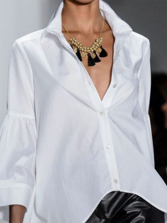 Flared Sleeves Long Sleeves Buttoned Solid Color Lapel Blouses&Shirts Tops