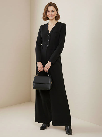 Long Sleeves Comfort Fit Solid Color V-Neck Jumpsuits