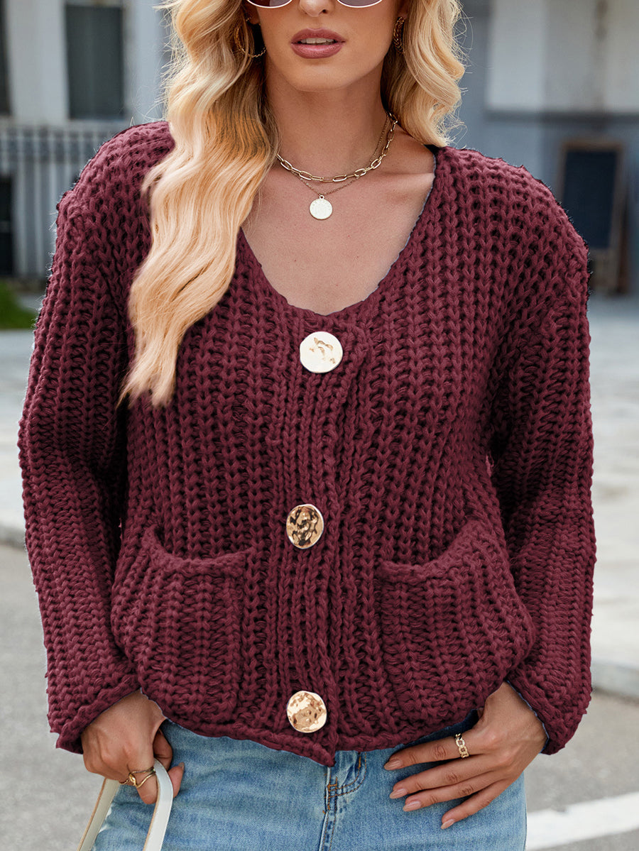 Solid Color Pockets Buttoned Sleeveless Loose V-neck Vest Outerwear