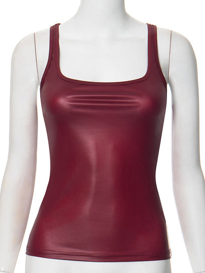 Skinny Sleeveless Shiny Solid Color Split-Joint Spaghetti-Neck Vest Top