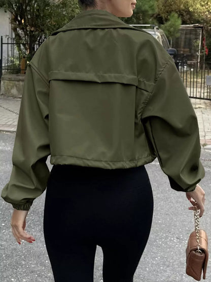 Crop Drawstring Hem Zip Up Jacket