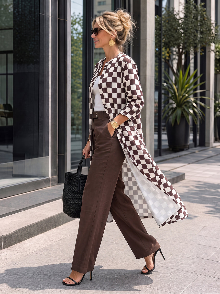 Plaid Contrast Color Buttoned Long Sleeves Round-neck Outerwear