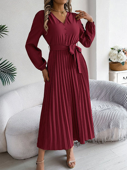 High Waisted Long Sleeves Belted Buttoned Pleated Solid Color V-Neck Maxi Dresses