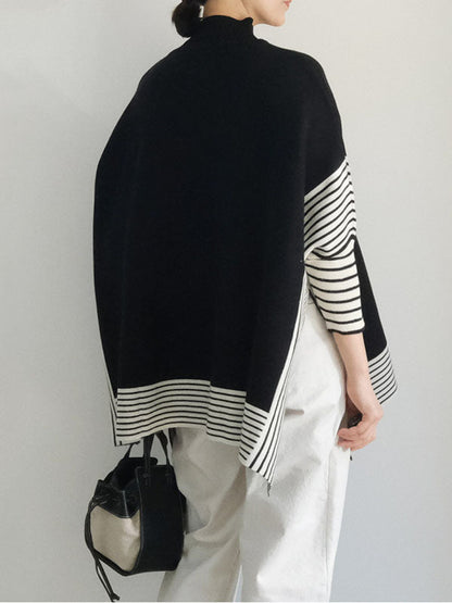 Batwing Sleeves Loose Split-Joint Split-Side Striped High Neck Sweater