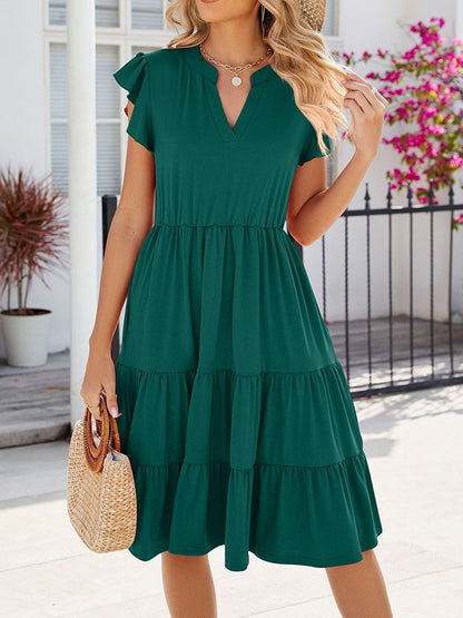 Loose Ruffle Sleeves Pleated Pockets Solid Color Split-Joint V-Neck Midi Dresses