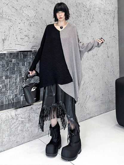 Batwing Sleeves Irregularity Asymmetric Contrast Color Split-Joint Textured V-Neck Sweater Tops
